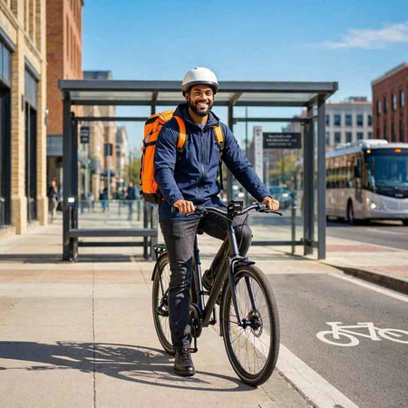Young african american man in helmet riding bicycle on city street