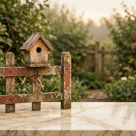 Wooden birdhouse on a white marble table in the garden.