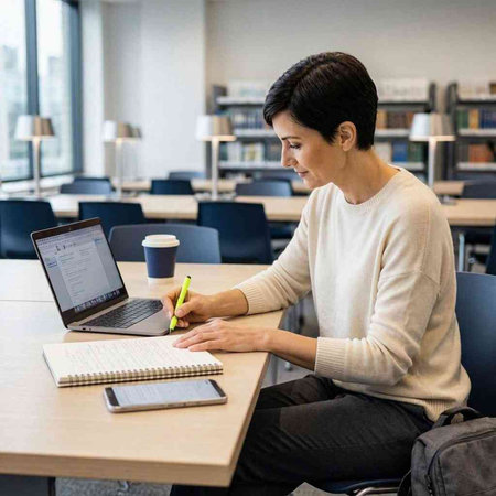Woman working on laptop computer in library, writing notes and drinking coffee