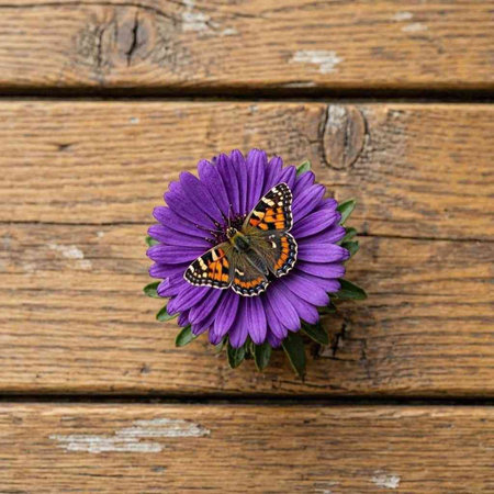 Butterfly on purple daisy flower on old wooden background.