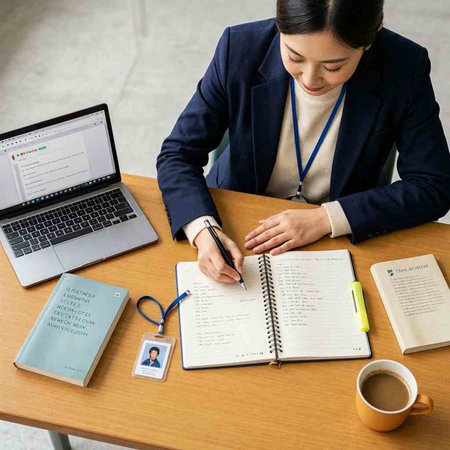 Businesswoman working on laptop at desk in office and writing in notebook
