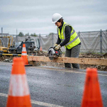 Worker on a road construction site with an electric circular saw.
