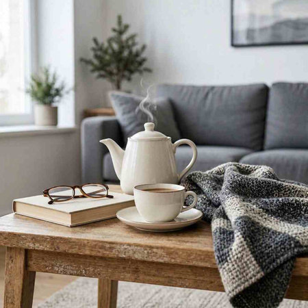 Cup of coffee and book on wooden table in cozy living room