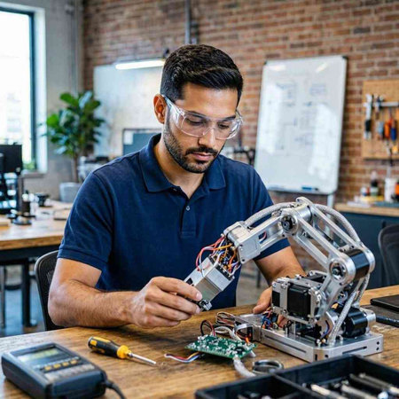 Engineer working on a 3d printer in a workshop. Technology concept