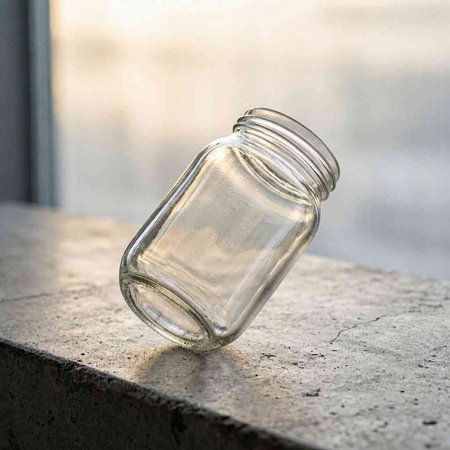 Empty glass jar on concrete floor with bokeh light background.