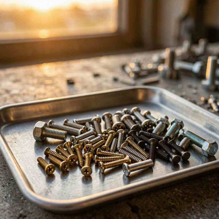 Screws and bolts on a metal tray, close-up