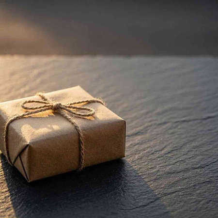 Gift box wrapped in craft paper tied with twine on black background