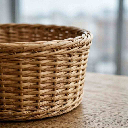 Empty wicker basket on a wooden table in front of a window