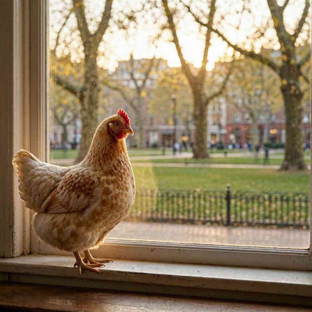 chicken in the window on the background of a beautiful autumn landscape