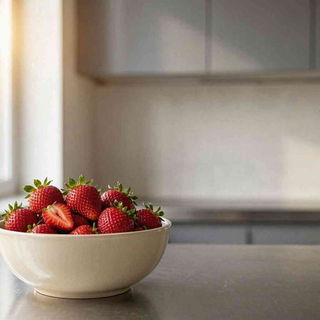 Strawberries in a white bowl on a kitchen countertop.
