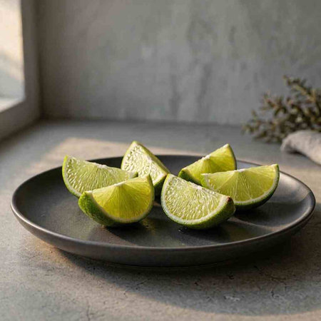 Slices of lime in a plate on a concrete background.