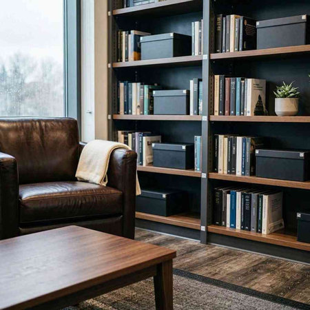 Bookshelf with books and a leather armchair in the library