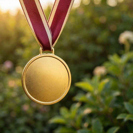 Gold medal with red ribbon on a green background in the garden.