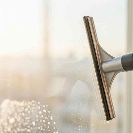 Window cleaning concept. Cleaning the glass with a squeegee.