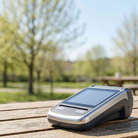 Mobile phone on a wooden table in the park, selective focus.