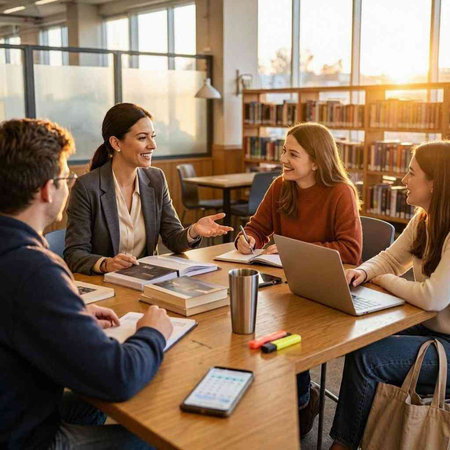 Group of young students studying together in the library. Education concept.