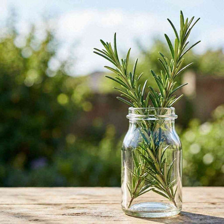 Rosemary in a glass jar on a wooden table in the garden