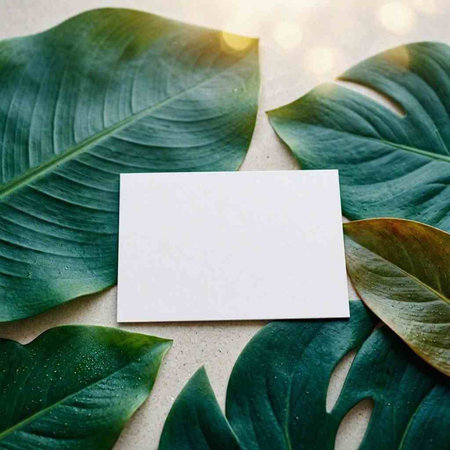 Tropical leaves with blank card on light background. Flat lay, top view.