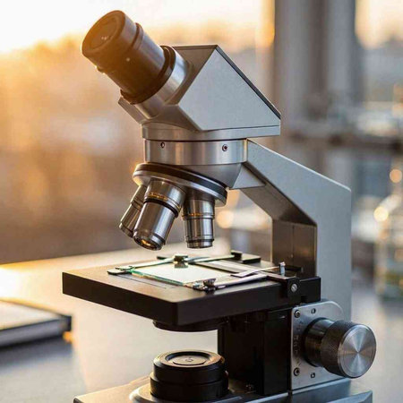 Microscope in the laboratory. Microscope on the background of the window