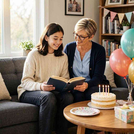 Mother And Daughter Celebrating Birthday Sitting On Sofa At Home Reading Book
