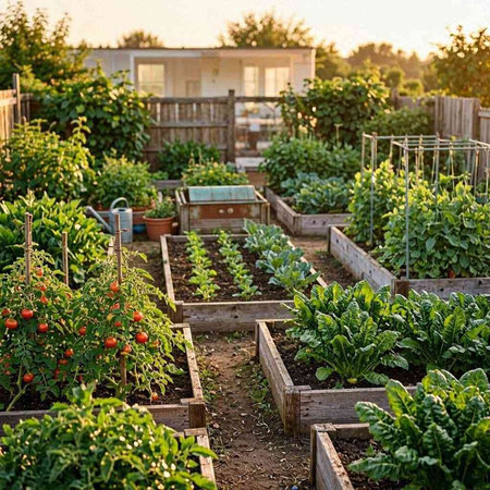 Rows of garden beds with tomatoes, spinach and other vegetables.