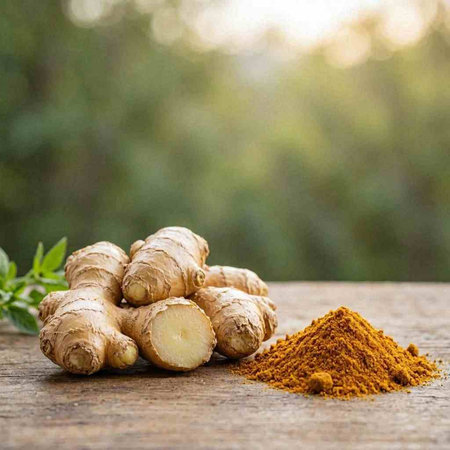 Ginger root and ground turmeric on wooden table with bokeh background