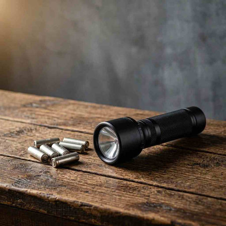 Flashlight on a wooden table. Black metal flashlight on a wooden table.