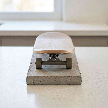 Close-up of a skateboard on a table in the kitchen