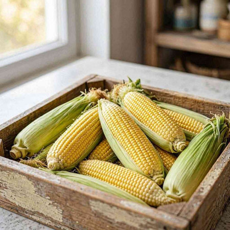 Ripe corn in a wooden box on the background of a window