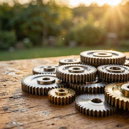 Gear wheels on a wooden table, close-up, soft focus