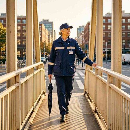 Portrait of a security guard walking on the bridge in the city