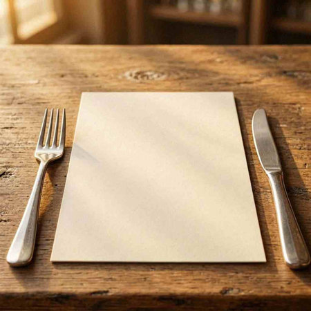 Blank paper for text on a wooden table with fork and knife