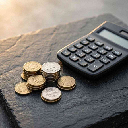 Coins and calculator on black stone background, business and finance concept