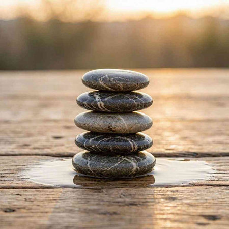 Zen stones on a wooden pier in the sunlight. The concept of harmony and balance.