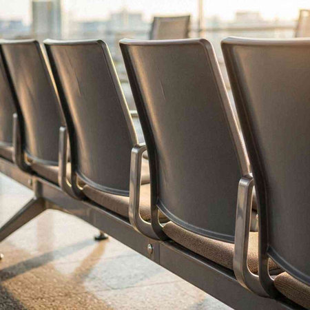 Empty chairs in an airport terminal waiting area. 3D rendering.