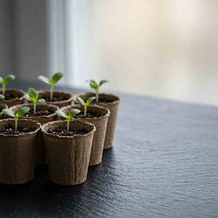 Small seedlings in peat pots on the windowsill. Selective focus.