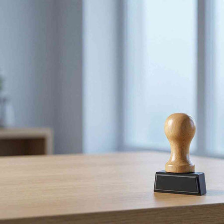 Rubber stamp on a wooden table in the office. Copy space.