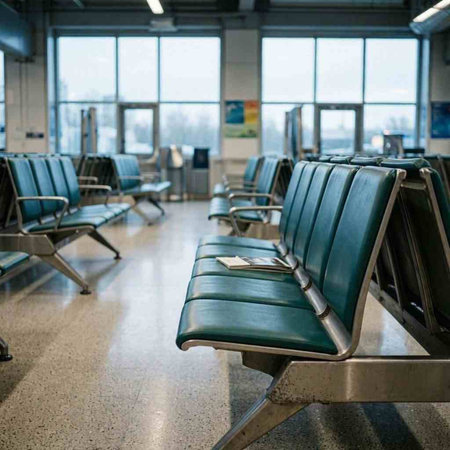 Empty airport terminal waiting area with rows of chairs waiting for the flight