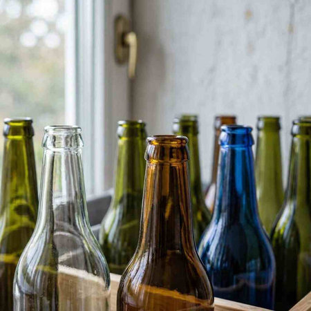Glass bottles of different colors in a wooden box on the windowsill