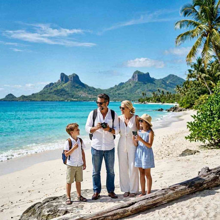 Family with kids on a tropical beach at Seychelles.