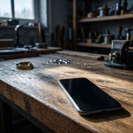 Smartphone on the table in the workshop. Workplace of a carpenter.