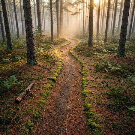 Path in the forest at sunrise. Concept of travel and tourism.