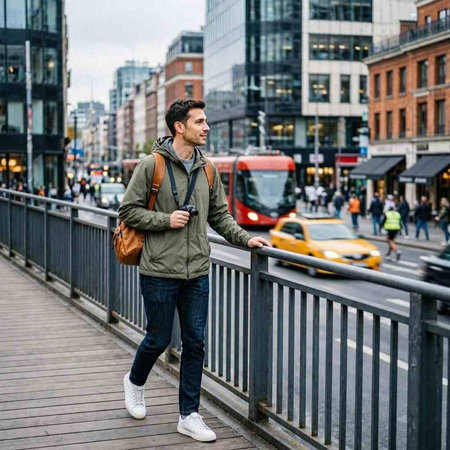 Handsome young man with backpack walking in the city. Travel and tourism concept.