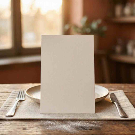 Blank paper card on a table with a knife and a fork