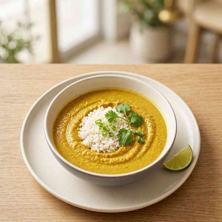 Pumpkin soup with rice and parsley on a wooden table
