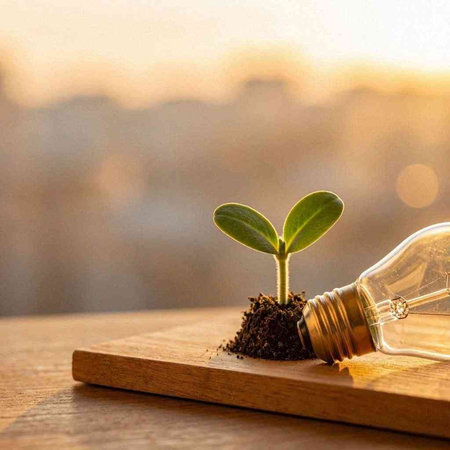 Light bulb with green sprout growing from soil on wooden table with copy space