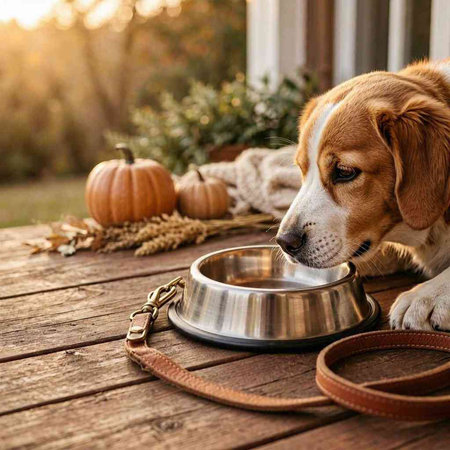 Cute beagle dog with bowl of food on wooden terrace in autumn