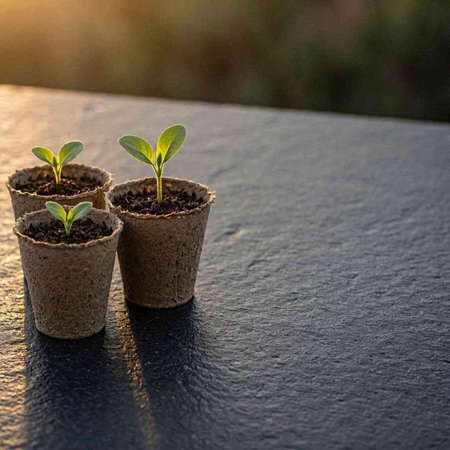 Small green seedlings in peat pots on a dark stone background