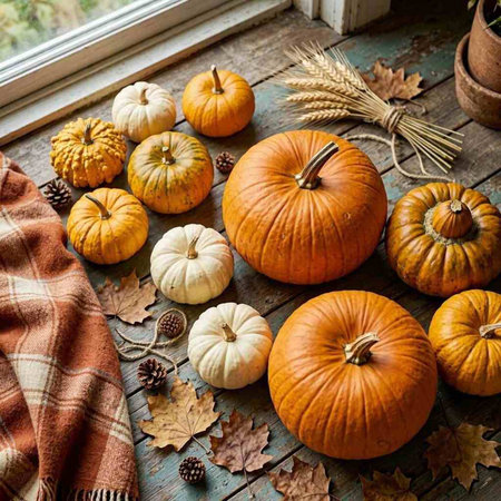 Autumn still life with pumpkins, dry leaves and plaid on windowsill