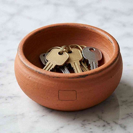 A small clay pot with a bunch of keys on a white marble background